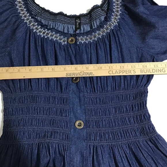 Indigo & Lace Maxi Dress Small Blue Chambray Peasant Smocked Embroidered Tiered - Picture 11 of 16